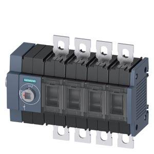 Siemens vierpoliger elektrischer Schalter oder Leistungsschalter mit transparenter Frontabdeckung und Metallleistungsfahnen auf weißem Hintergrund
