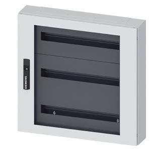 Weißes Elektroverteilfeld mit rauchgetönter transparenter Frontabdeckung und Siemens-Etikett auf der linken Seite.
