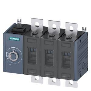 Siemens dreipoliger Elektroschutzschalter mit Drehbetätigungsknopf und Anschlussklemmen.