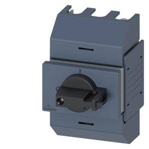Industrielles graues Elektroschaltermodul mit schwarzem Drehgriff auf weißem Hintergrund.