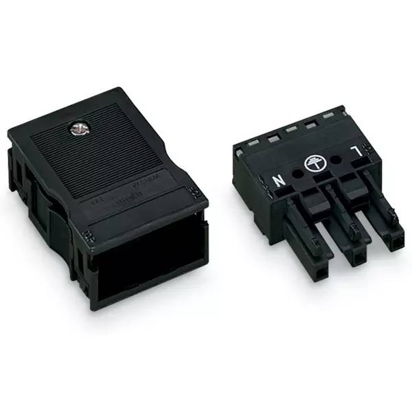 Schwarzer Steckverbinder mit separablem Stecker und Gehäuse, zeigt drei Anschlüsse und ist mit N und L auf weißem Untergrund beschriftet.