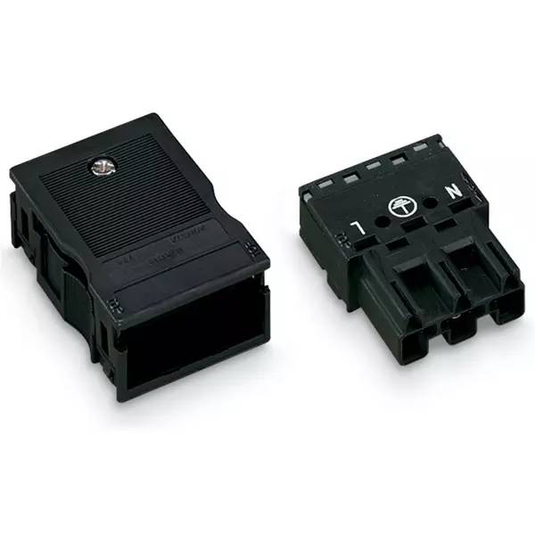 Zwei schwarze elektrische Steckergehäuse, separat dargestellt, eines mit einer Schraube oben und das andere mit den Bezeichnungen „1