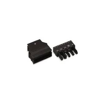 Schwarzer Elektrostecker in zwei getrennten Hälften auf weißem Hintergrund dargestellt.