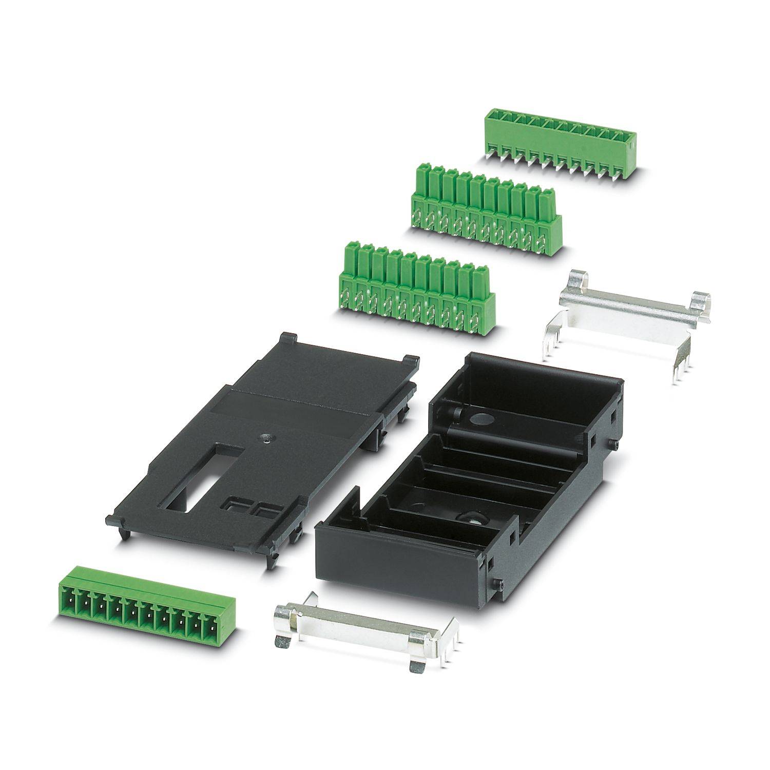 Sortierte Elektrostecker-Gehäuse, grüne Klemmenblöcke und transparente Befestigungsclips auf weißem Hintergrund angeordnet.