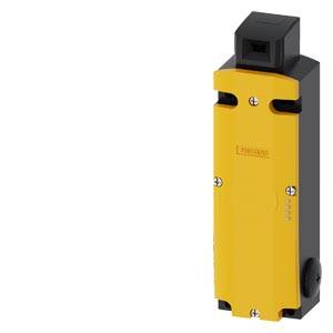 Gelber und schwarzer industrieller Endschalter oder Sensor vertikal auf weißem Hintergrund montiert.