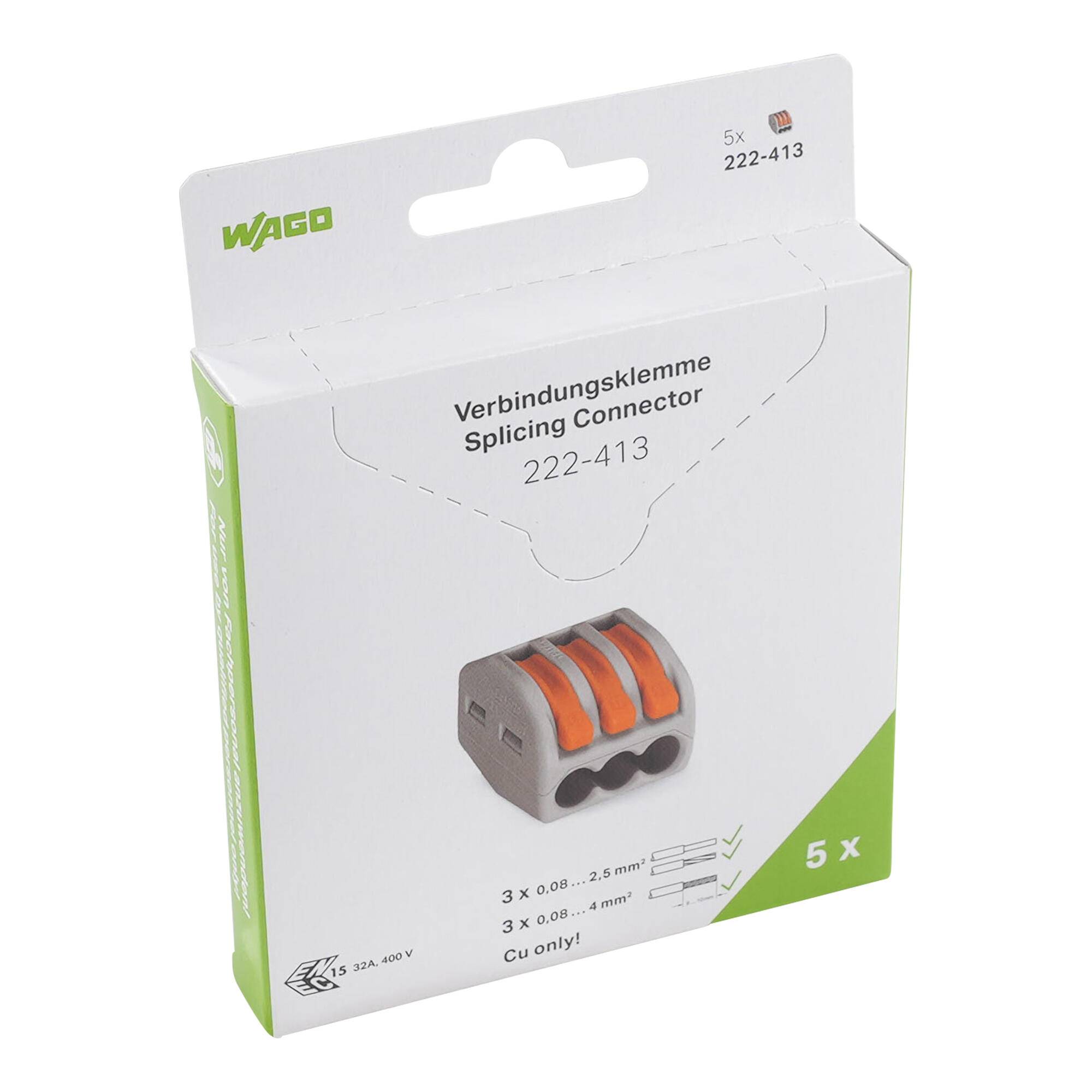 WAGO 222-413 Verbindungsklemmen-Paket, 5er-Pack, nur für Kupferleiter.
