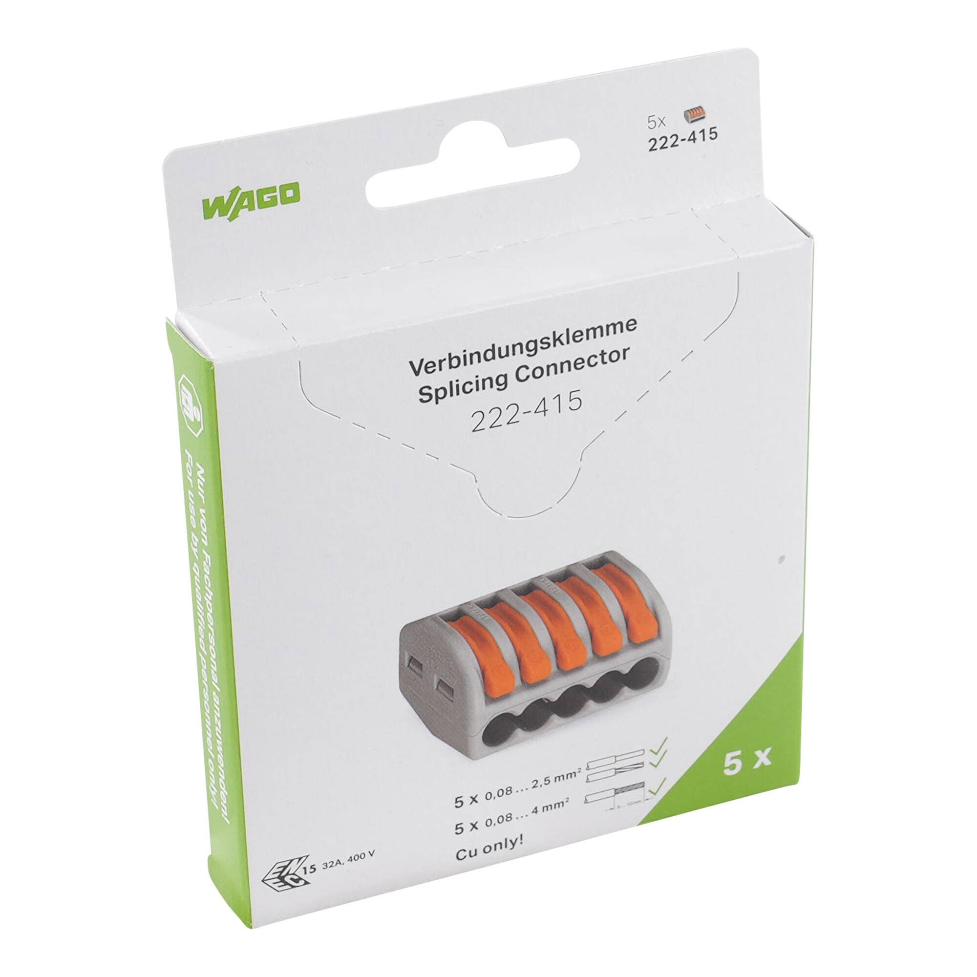 WAGO 222-415 Verbindungsklemmen-Paket, 5er-Pack, abgebildet auf weißer Produktverpackung mit orangefarbenem Hebelklemmen-Bild.