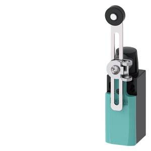 Eine kleine mechanische Schalter- oder Hebeleinheit mit einer schwarzen Rolle an der Oberseite und einem türkisfarbenen Gehäuse auf weißem Hintergrund.