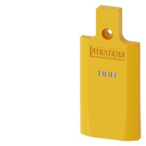 Gelbes Kunststoffschild von Siemens mit einem Loch oben und drei kleinen Schlitzen in der Mitte, gezeigt auf weißem Hintergrund.