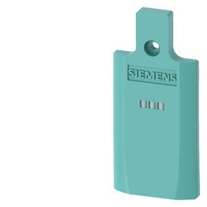 Türkises Siemens-Industriegerätemodul mit Befestigungsloch und drei kleinen Anzeigefeldern auf einfachem weißem Hintergrund.