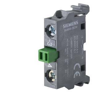 Siemens Elektroschnellverbinder-Relaismodul mit grünem Stecker und Schraubklemmen auf weißem Hintergrund