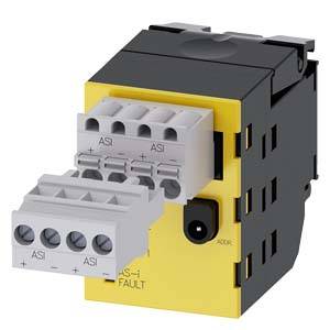Industrielles Elektromodul mit AS-i-Steckerverbindungen auf einem gelb-schwarzen Gehäuse, wahrscheinlich eine Kommunikations- oder Schnittstelleneinheit.