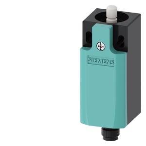Siemens Industriesensor-Schalter mit blaugrünem Frontgehäuse, schwarzem Gehäuse und weißem Betätigungsknopf auf der Oberseite.