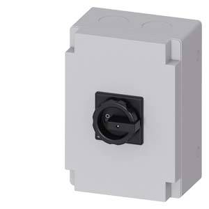 Graues Gehäuse für Elektroschalter mit schwarzem Drehtrennschalter auf der Frontplatte, vor einem einfachen Hintergrund gezeigt.