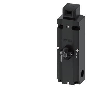 Schwarzes Industriesensor- oder Schaltermodul mit Befestigungslöchern und einem kleinen Seitenhebel, gezeigt auf einem schlichten weißen Hintergrund.