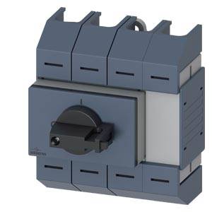 Grauer industrieller Drehtrennschalter mit schwarzem Griff auf einem quadratischen Elektrogerät.