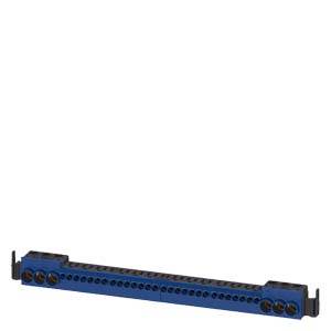 Blauer LEGO Technic Balken mit einer Reihe von Löchern und schwarzen Verbindungsstiften auf weißem Hintergrund.
