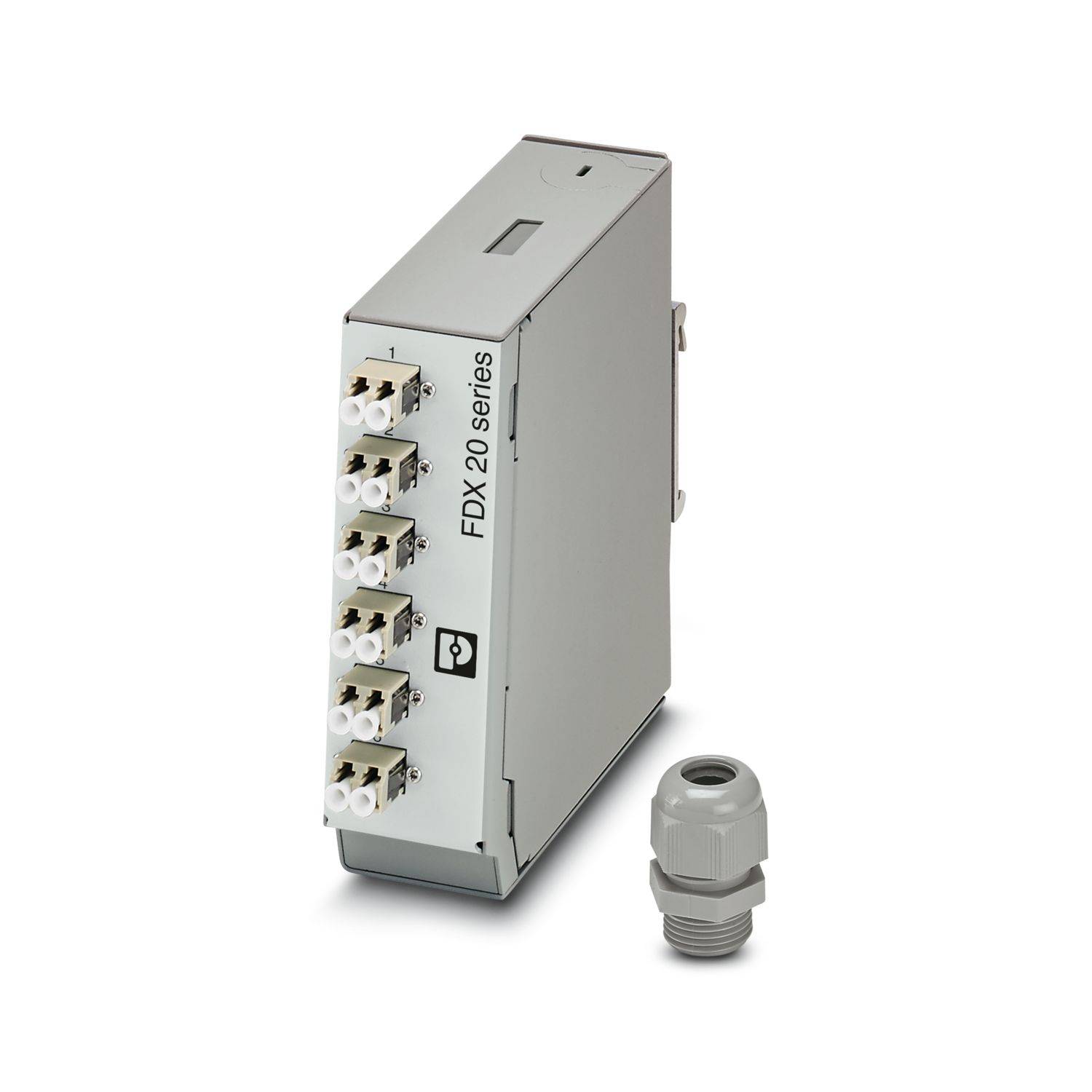 Industrielles FDX 20 Serie Modul mit mehreren vorderen Faserports, neben einer Kabelverschraubung auf weißem Hintergrund dargestellt.