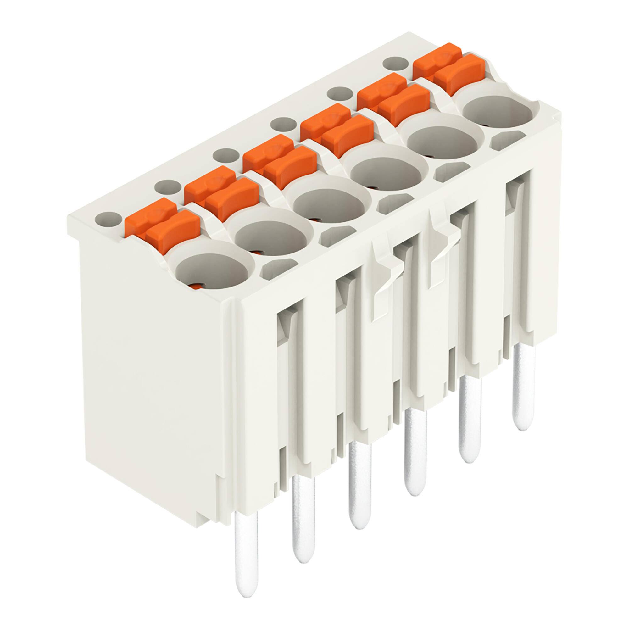 Weißer elektrischer Klemmenblock-Stecker mit orangefarbenen Federklemmen und mehreren Metallstiften darunter.
