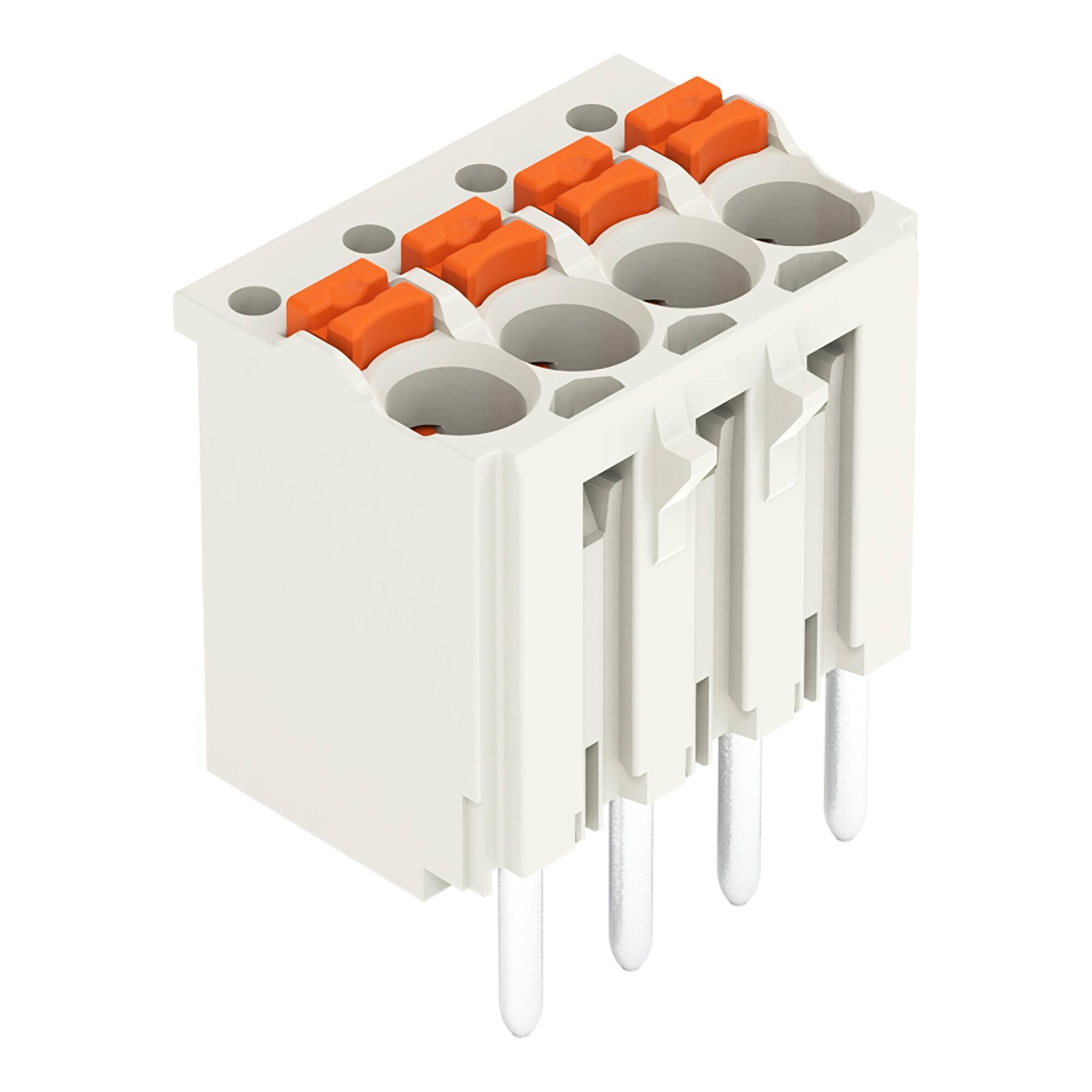 Weiß vierfach elektrischer Anschlussblock mit orangefarbenen Druckhebeln und drei sichtbaren Metallstiften, dargestellt auf weißem Hintergrund.