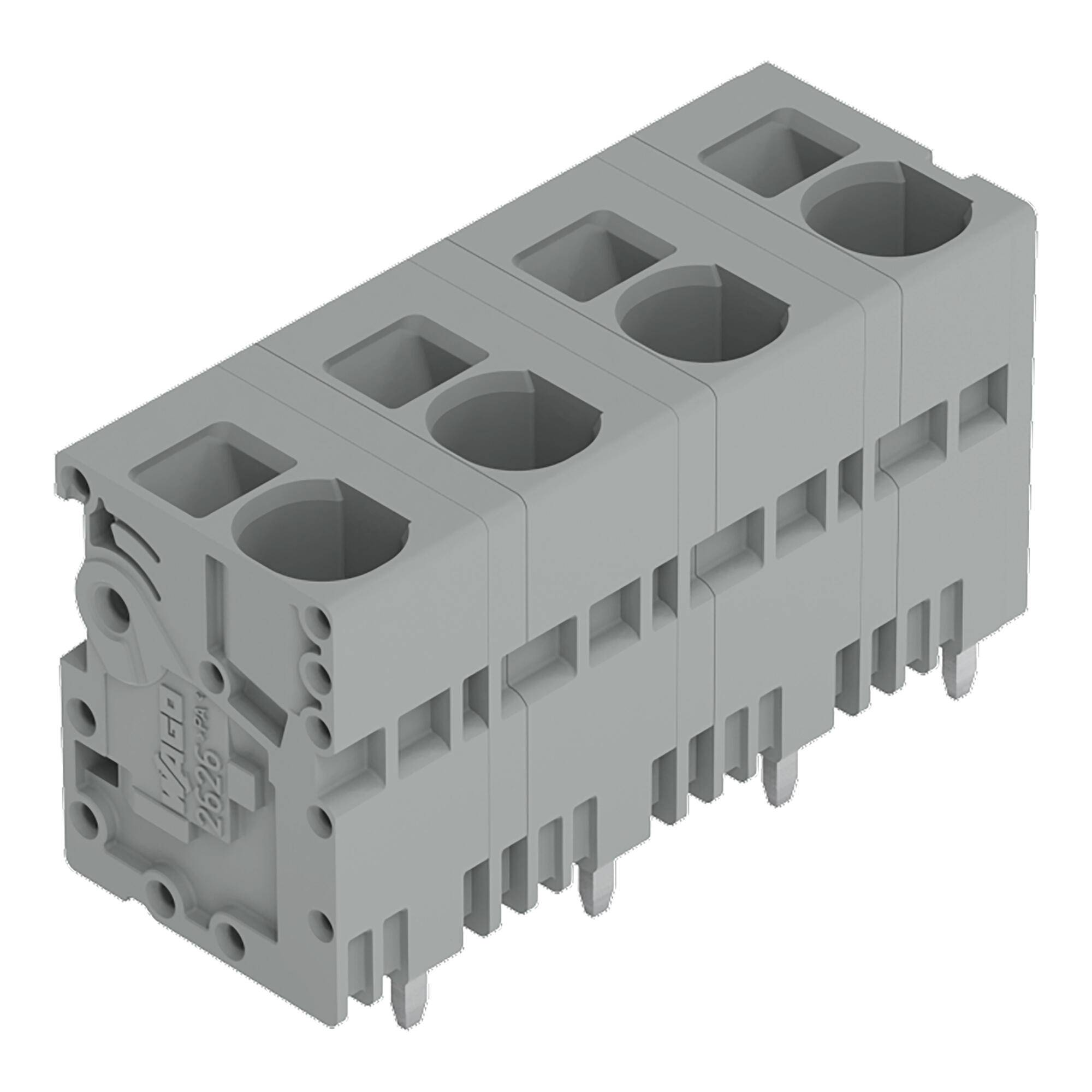 Grauer Elektro-Klemmenblockstecker mit vier Drahtöffnungen und mehreren Stiftklemmen, dargestellt in 3D auf weißem Hintergrund.
