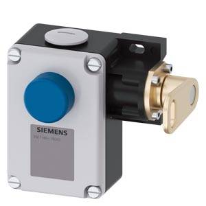Industrieller Siemens-Druckschalter mit blauem Knopf und schlüsselbetätigtem Seitenmechanismus auf metallischem Gehäuse.
