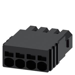 Schwarzer rechteckiger Elektrostecker mit vier runden Anschlüssen an der Vorderseite und seitlichen Verriegelungslaschen auf weißem Hintergrund