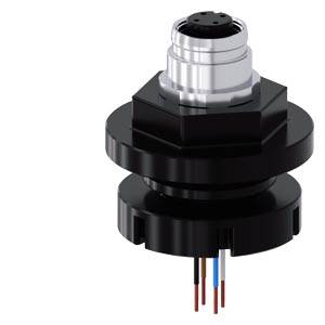 Schwarzer zylindrischer elektrischer Stecker mit silberner Gewindeoberseite und vier freiliegenden Drähten darunter auf weißem Hintergrund.