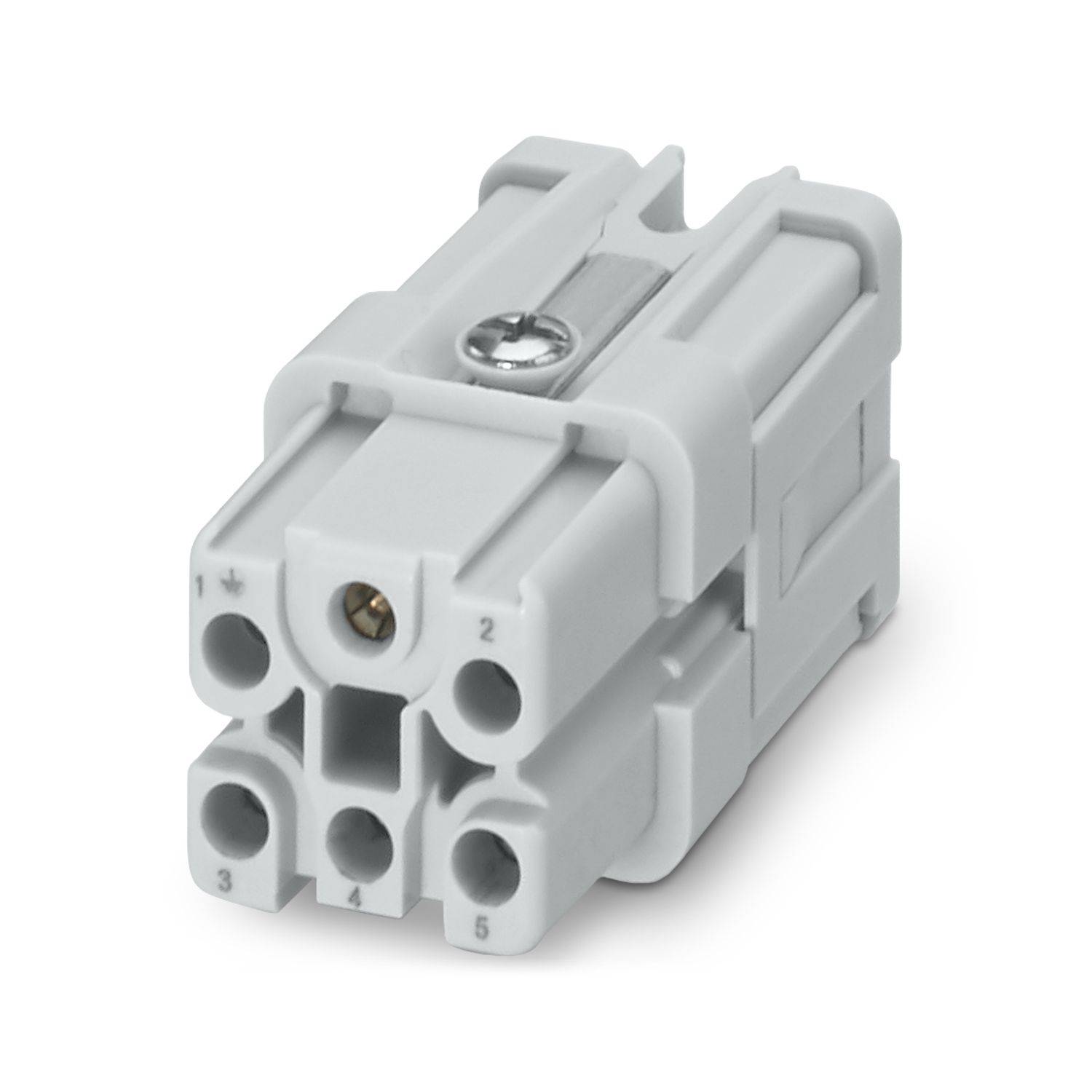 Weißer Fünf-Port-Elektrostecker mit nummerierten Anschlüssen auf weißem Hintergrund.
