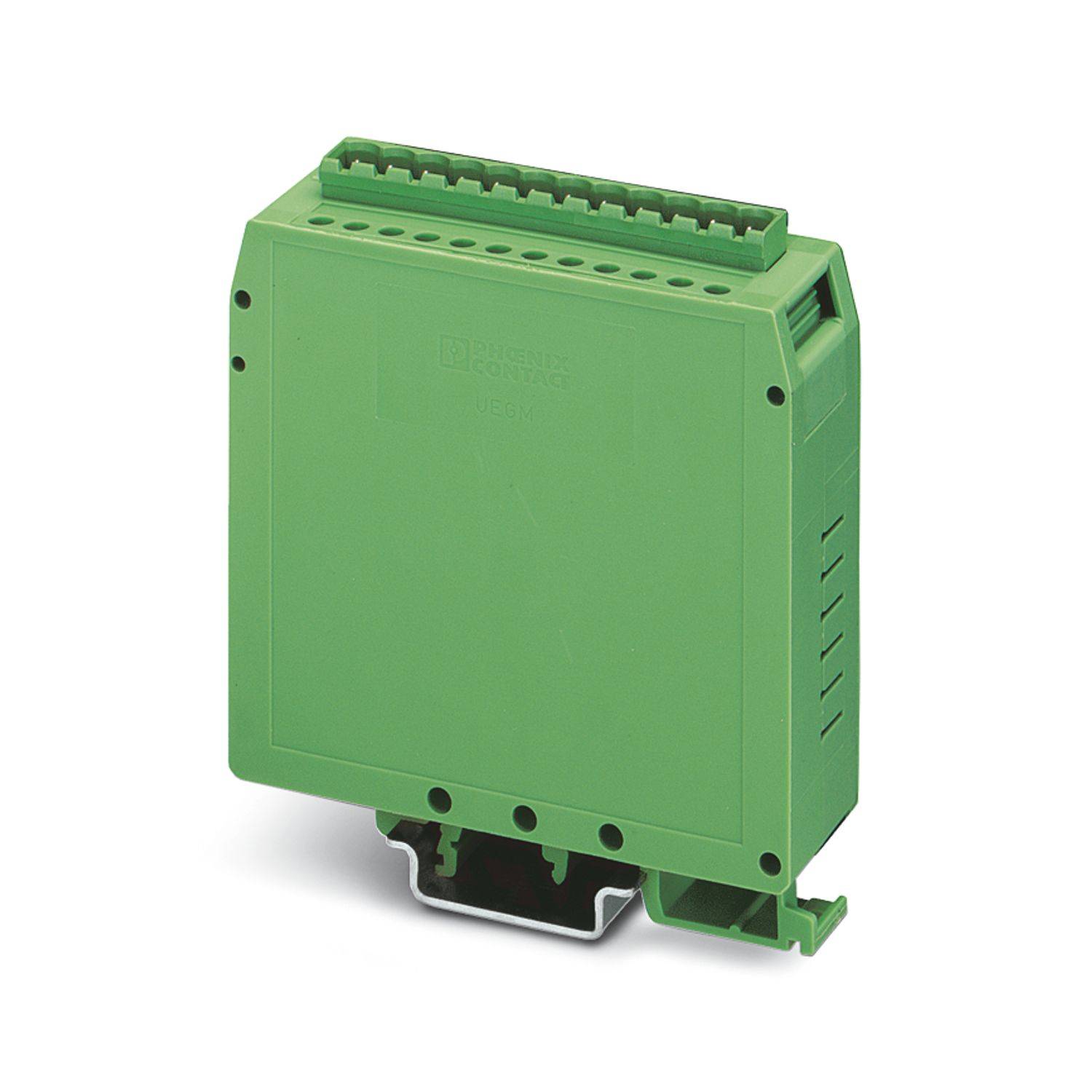 Grünes auf DIN-Schiene montiertes elektrisches Modul mit oberem Anschlussblock und unterem Stecker, dargestellt auf weißem Hintergrund.