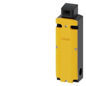Gelber industrieller Sicherheitsschalter oder Sensor mit schwarzem Gehäuse, isoliert auf weißem Hintergrund dargestellt.