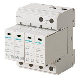 Siemens DIN-Schienen-Überspannungsschutzmodul mit vier austauschbaren Schutzmodulen und Statusanzeigen.