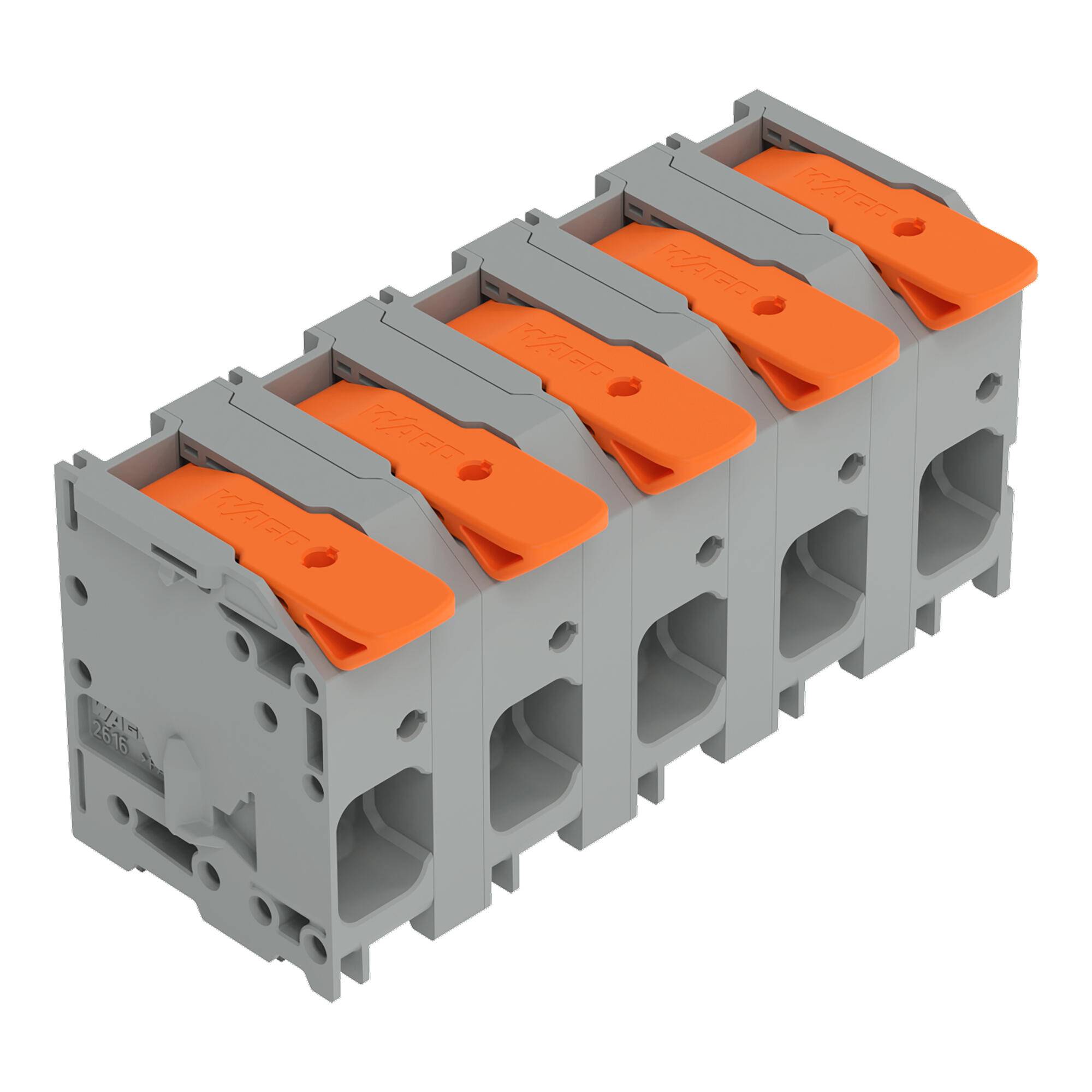 Vierpoliges graues Elektrik-Klemmleistenblock mit orangefarbenen Hebelbefestigungen, dargestellt in einer isolierten Produktansicht.