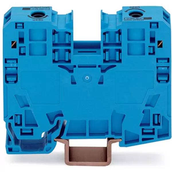 Blaues industrielles elektrisches Komponenten- oder Klemmleistenelement mit Montagefunktionen und einer braunen Verriegelung, Vorderansicht auf weißem Hintergrund.