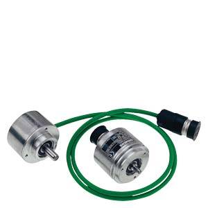 Zwei kleine zylindrische Metallsensoren, die durch ein grünes Kabel verbunden sind, mit einem separaten schwarzen Stecker auf weißem Hintergrund.