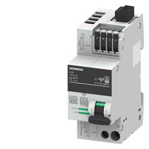 Siemens Leistungsschalter mit Schalter, Anschlüssen und Beschriftungen von Indikatoren auf weißem Hintergrund.
