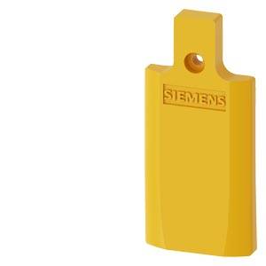 Gelbes Siemens-Kunststoff-Etikett oder Schlüsselanhänger mit einem Loch oben, auf weißem Hintergrund dargestellt.