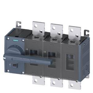 Industrieller elektrischer Schalter oder Unterbrecher mit drei Metallklemmen und einem vorderen Betätigungshebel, dargestellt auf weißem Hintergrund.
