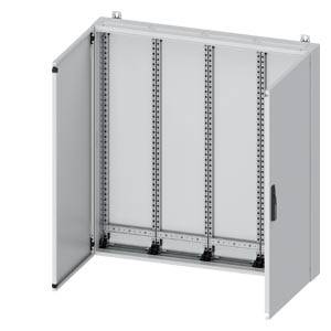 Offener grauer Metallschrank für Elektroinstallationen mit geöffneter Frontür, die das leere Innere mit Befestigungsschienen und durchlöcherten Seitenpanelen zeigt.