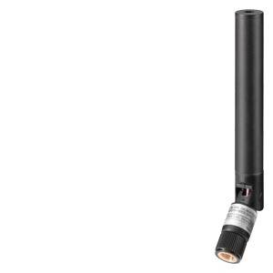 Schwarze zylindrische Antenne mit gewinkltem Stecker, isoliert auf weißem Hintergrund dargestellt.