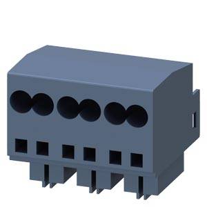 Grauer rechteckiger Elektrostecker mit sechs runden oberen Anschlüssen und sechs quadratischen unteren Schlitzen, in 3D auf weißem Hintergrund dargestellt.