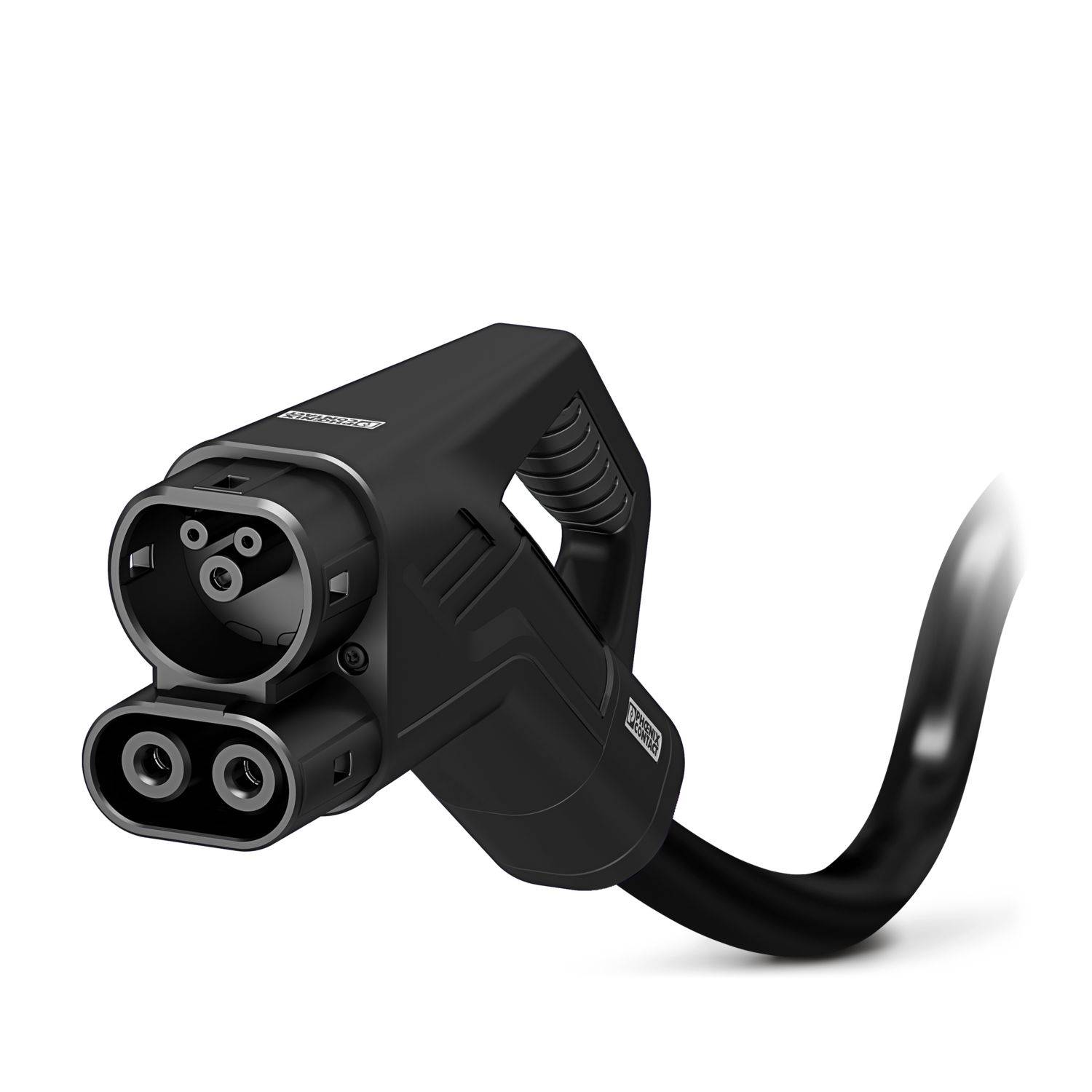Schwarzes Elektrofahrzeug-Ladestecker mit angeschlossenem Kabel auf weißem Hintergrund.
