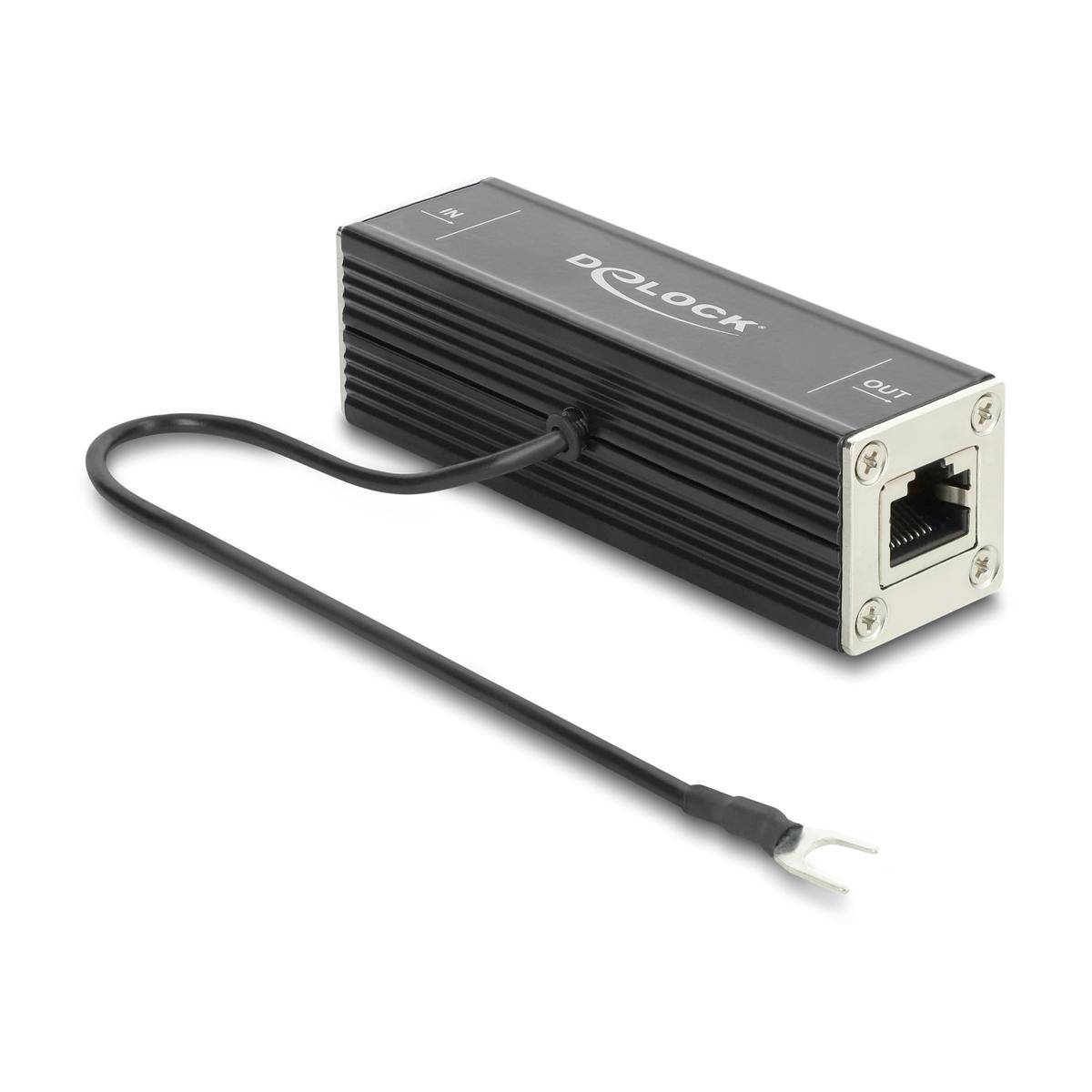Schwarzes Delock USB-Gerät mit Ethernet-Anschluss und angebrachtem kurzem Kabel mit zwei Stecker-Anschlüssen, auf weißem Hintergrund gezeigt.