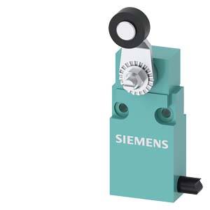 Siemens Industriegrenzschalter mit Rollenhebel-Betätiger und seitlichem Kabelstecker auf einem türkisfarbenen Gehäuse.