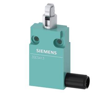 Siemens 3SE5413 Endschalter mit Metallbetätiger und schwarzem Seitenstecker auf grünem Gehäuse.
