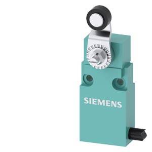 Siemens mechanischer Endschalter mit Rollenhebelbetätiger, isoliert auf weißem Hintergrund dargestellt.