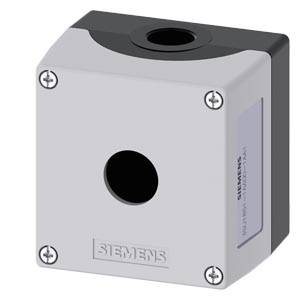 Graue Siemens-Industrie-Sensorbox mit zentraler Öffnung an der Vorderseite, oberer Kabelöffnung und vier Eckschrauben.
