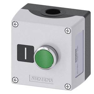 Grauer Siemens-Industrietastenschalter mit grünem rundem Knopf und oben liegender Kabelöffnung