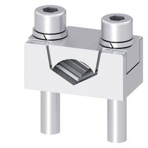 Metallkabelschelle mit zwei oberen Bolzen und einer V-förmigen Nut, dargestellt in einer 3D-Produktansicht auf weißem Hintergrund.