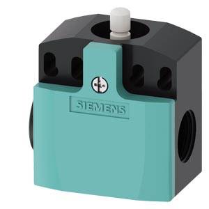 Türkisfarbener und schwarzer Siemens-Industrie-Sensor oder -Schalter mit Seitenöffnungen und einem oberen Stößel.